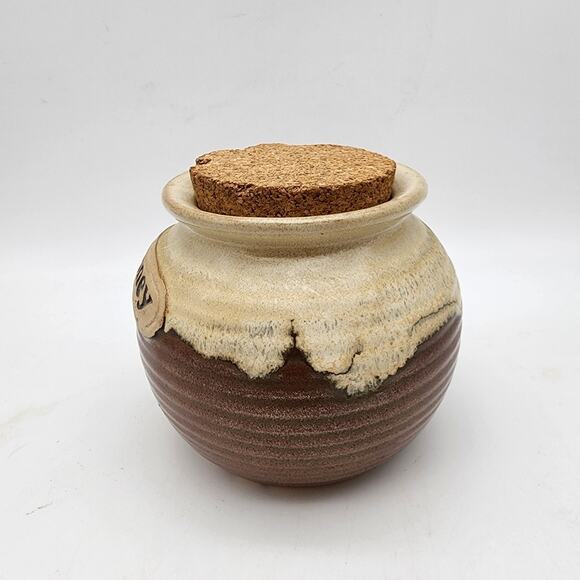 Vtg Mad Money Savings Jar Glazed Stoneware Cork Lid Brown Cream Gargen Ridge 5" - Picture 3 of 10